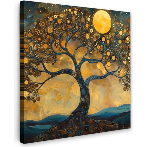 TABLEAU SUR TOILE Arbre - Lune - Fleurs - Or - Art Tableau Chambre Adulte 90x90 cm