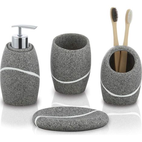 1 - Ensemble Accessoires Salle De Bain - Distributeur Savon Porte Brosse Gobelet Porte Savon - Organisation Comptoir Résine Robuste - Beige 7,6x15,2cm