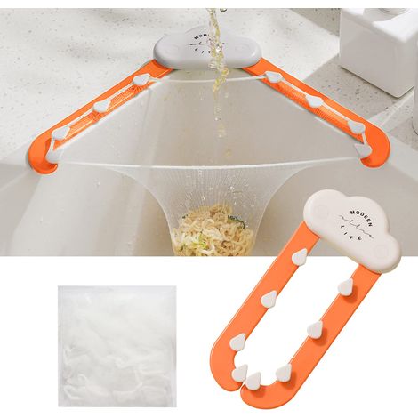 Passoire triangulaire pour évier avec support pliable et 100 sacs filtrants en maille - Orange-AquaForge (1/5)