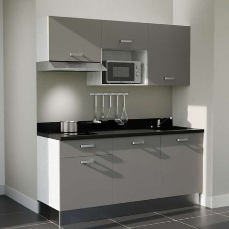Kitchenette K30L - 180 cm - plan monobloc évier intégré Nero- évier à droite - Façades Gris + Electroménager inclus coloris Inox