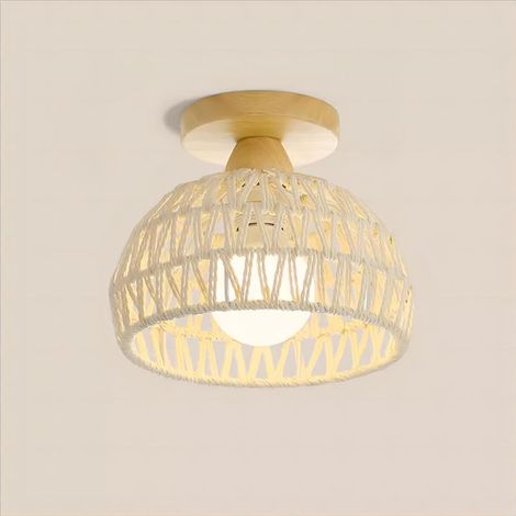 E27 Plafonnier Vintage Lampe de Plafond Bois Corde de Chanvre Suspension Luminaire Intérieur Couleur Blanc Ø20CM - 1Pcs (1/5)