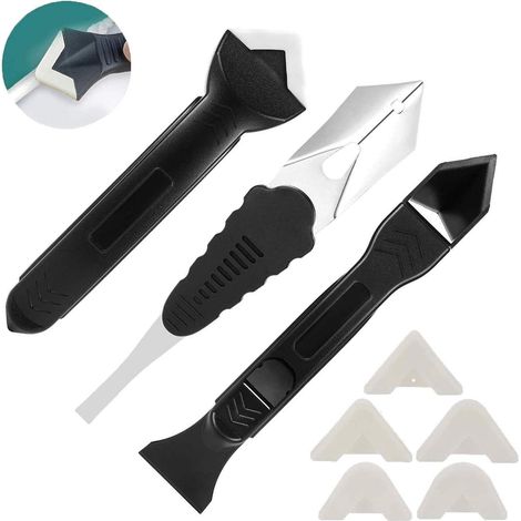 Kit raspador JSSEVN-3 en 1 para remover silicona, raspador de acabado para sellado, con 4 almohadillas reemplazables, para baño, cocina, encimera y fregadero. (1/5)