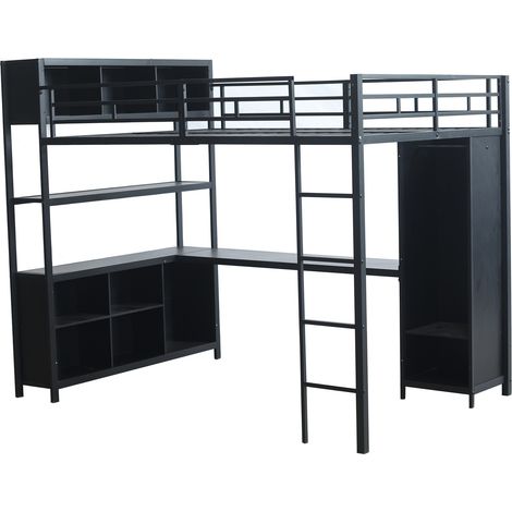 Hochbett 140x200 cm mit Schreibtisch, Stauraum und Schrank, Schwarz - HOMVRA (1/5)