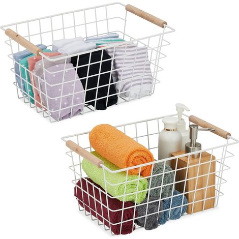 Cesta de almacenamiento metálica Relaxdays, juego de 1, asas de madera, 16 x 31 x 21 cm, rectangular, blanca (1/5)