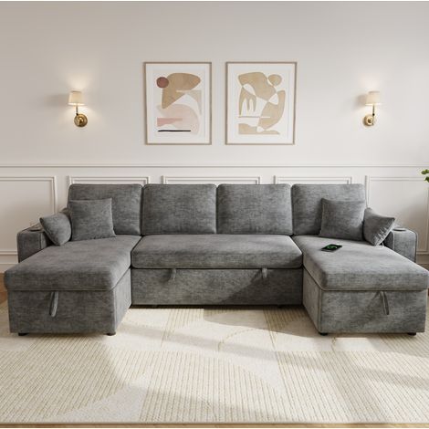 Canapé d’angle U convertible avec rangement, chenille, gris, 270 x 125 x 86 cm, OKWISH (1/5)
