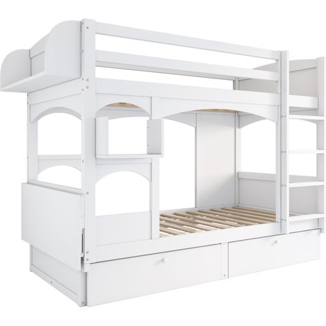 Letto a castello bambini 90x200 con scrivania pieghevole, scaffali e 2 cassetti, bianco (1/5)