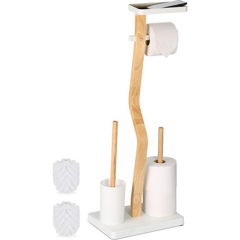Serviteur WC Non Fixe, avec Support pour téléphone, H x L x P: 80 x 30 x 20 cm, Blanc et Nature (1/5)
