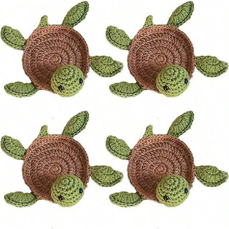 Lot de 4 dessous de verre Tortue au Crochet, Set de Sous-Verre Tissé Fait Main, Décoration de Table Originale en Forme de Tortue, Cadeau de Crémaillère (1/5)