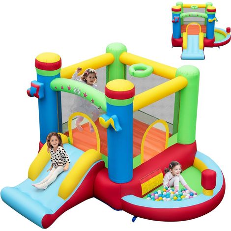 COSTWAY 5 en 1 Château Gonflable Musical avec Toboggan & Maison de Saut, Aire de Jeux Gonflable avec Piscine & Panier de Basket & Boxe, Intérieur Extérieur pour 3-12 Ans, Charge 90kg (1/5)
