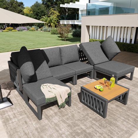 Conjunto de jardin 7 piezas con 2 modulos sillon, 2 modulos esquinero, 2 asientos y 1 mesa, Metal y Poliester Gris (1/5)