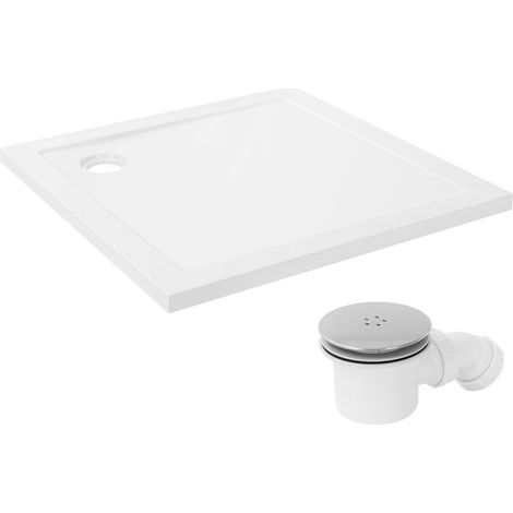LuxeBath Duschwanne 90x90 cm Weiß mit Ablaufgarnitur, Duschtasse eckig Komplett Set, Quadratische Brausewanne H:40mm aus SMC, Hochglanzoptik, 3 Einbaumöglichkeiten, Extra flache Brausetasse mit Siphon (1/5)
