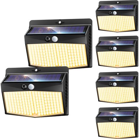 Lot de 6 lampes solaires d'extérieur avec détecteur de mouvement, 3 modes, lampe solaire d'extérieur IP65, 168 LED blanc chaud, lampe solaire d'extérieur pour jardin, garage, cour, mur, clôture (1/5)