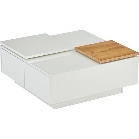 Table basse carrée blanche moderne en bois avec surface brillante et 4 tiroirs, 75x75x33,5 cm, charge max. 30 kg (1/5)