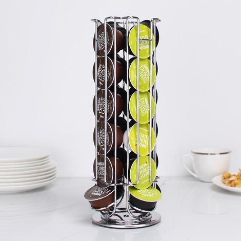 Support rotatif pour capsules de café, 33x13cm, distributeur métal chromé pour dosettes de machine à espresso, porte-capsules tournant avec structure en acier inoxydable (1/5)