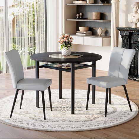 REDOM - Ensemble table à manger ronde avec 2 chaises, insert et étagère en verre, pieds réglables, MDF, métal, PU gris clair noir (1/5)