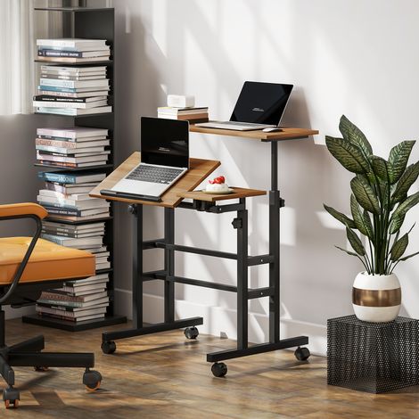 Sitz-Steh-Schreibtisch, höhenverstellbarer Schreibtisch 70 x 60 cm mit Rollen, neigbarer Tischplatte, braunes Metallgestell