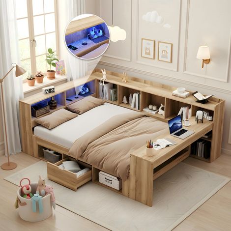 Lit enfant 140 x 200 cm naturel avec bureau LED via app USB-C étagères tiroirs daybed en L rangements chambre moderne cosy bois (1/5)