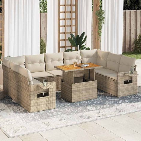 Ensemble de salon de jardin en résine tressée beige avec coussins, table et sièges modulables (10 pièces, rangement intégré) (1/5)