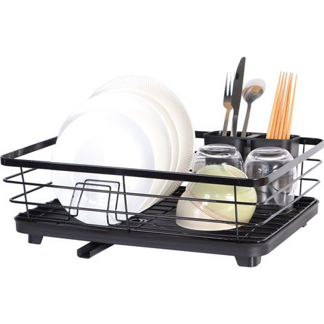 Égouttoir à vaisselle compact, porte-assiettes pour plan de travail, séchoir inoxydable avec porte-ustensiles, égouttoir avec plateau d'égouttage, noir (1/4)