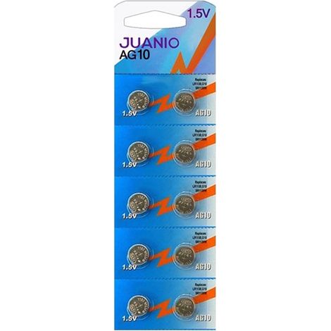 Lot de 10 Piles bouton plates type AG10 compatibles LR1130 / LR54 / G10 1,5V - Juanio - (1/2)