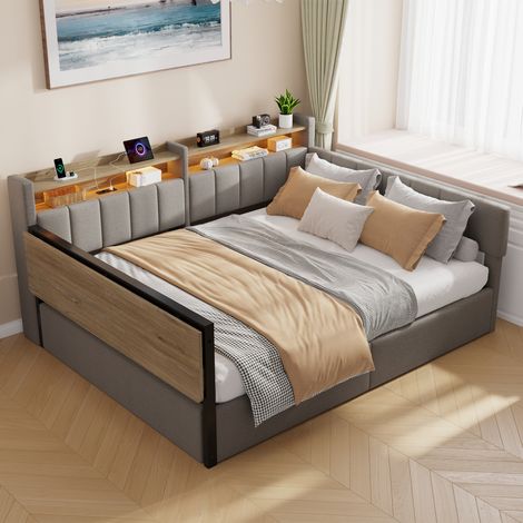 Lit banquette 140x200 cm avec coffre hydraulique, LED, table pliante, chevets modulables, USB-C, velours gris (1/5)