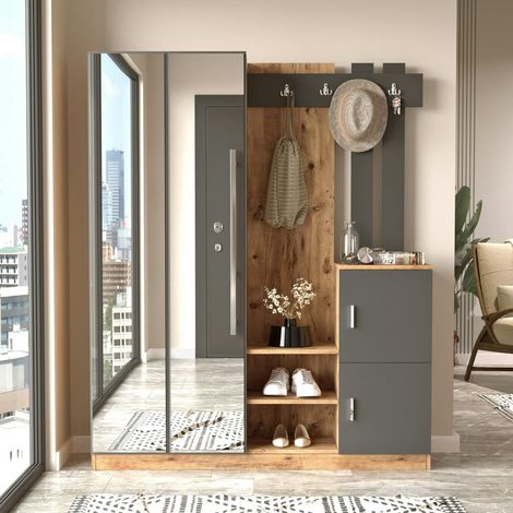 Grand vestiaire d'entrée décor gris et bois 1 miroir JENA