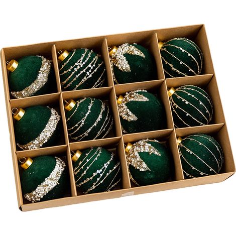 Set mit 12 dekorativen, grünen, beflockten Samtkugeln, unzerbrechlich, 6 cm Durchmesser, für Zuhause und Partys. (1/2)