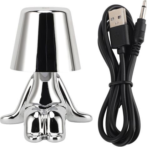 Touch-sensitive bedside table lamp with 3 modes, small man decorative thinker statue, LED desk lamp for bedrooms, offices, living rooms, decoration, gift, USB charging, silver, Type-C (1/5)