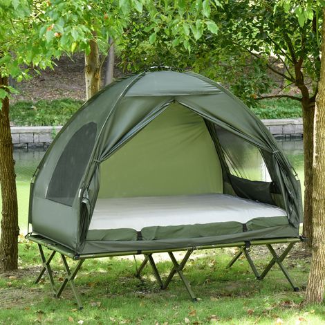 Letto da campeggio rialzato con tenda a cupola e materasso gonfiabile, 2 persone, verde HAVRYA (1/5)