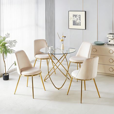 Conjunto de comedor Ø80x75 cm en vidrio y metal marfil, 4 sillas – MEUBLIV (1/5)