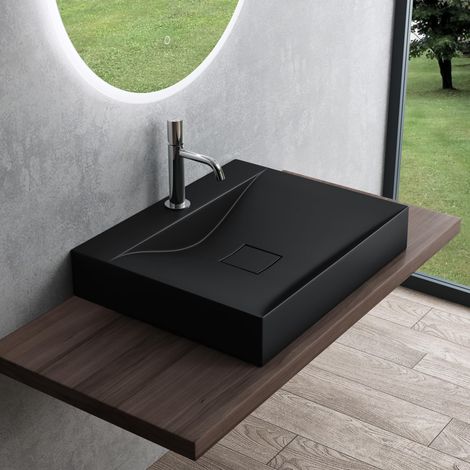 Mai & Mai Lavabo Suspendu Noir Mat 60x48x10cm Vasque à Poser Rectangulaire avec Perçage pour Robinet et Cache Bonde Col810-600 (1/5)