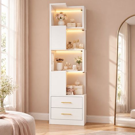 Weies Eckregal 165 cm mit LED, 2 Schubladen und 4 Ebenen aus Holz (1/5)