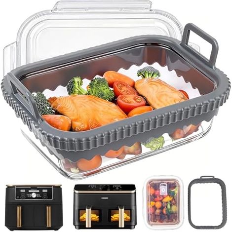 Plat de cuisson en verre pour Ninja Air Fryer Dual Zone AF400UK / Double Stack SL400UK 9,5L, plateau/panier avec poignée et couvercle en silicone amovible pour la préparation des repas, accessoires po
