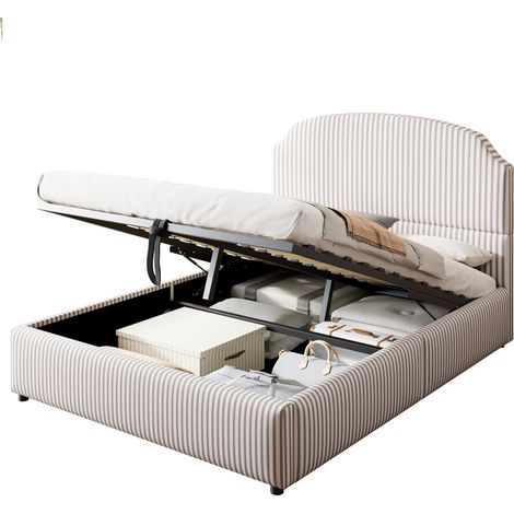 CHICFURN Lit coffre 140x200 rembourré en tissu rayé blanc et charbon, avec grand tête de lit, rangement hydraulique sous le lit, sommier à lattes pour chambre moderne (1/5)