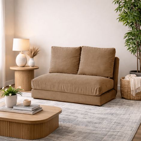Schlafsofa Japandi 2-Sitzer aus kamelbraunem Stoff – niedrige
