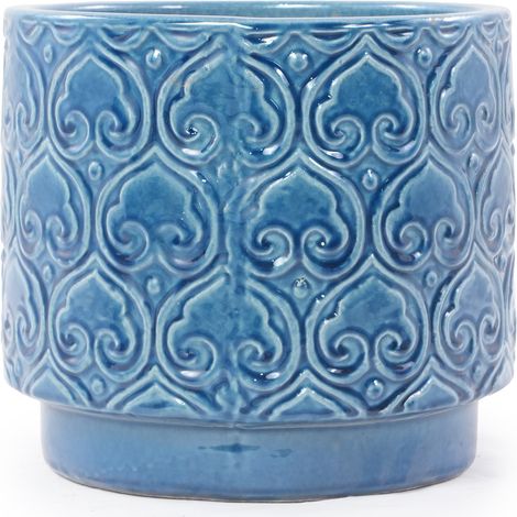 Vaso in ceramica blu Ø19 cm con rilievo a cuore e foro di drenaggio (1/5)