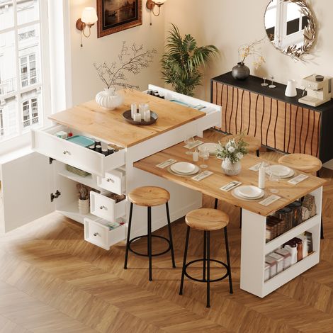 îlot de cuisine extensible 120-184×70×94cm avec tiroirs et roulettes,îlot de cuisine mobile avec plateau effet bois,Table de bar avec rangement,blanc (1/5)