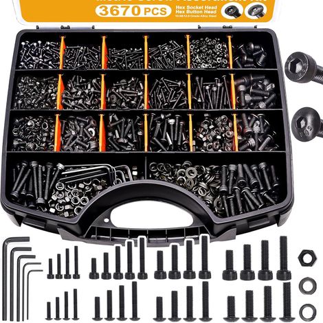 Kit d'assortiment de vis métrique 3670pcs M2 M3 M4 M5, tête de prise hexagonale en acier allié 12,9 tête de bouton hexagonale en acier allié 10,9 vis machine écrous rondelles avec clé