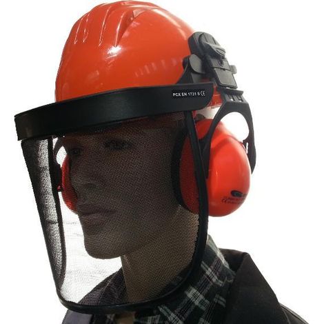 Bauhelm mit Gesichts- und Gehörschutznetz orange (1/2)