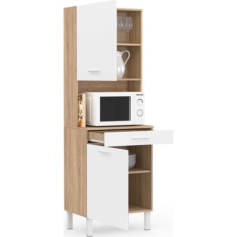 Idmarket – Buffet de cuisine 60 cm – 2 portes et 1 tiroir – Structure en panneaux de particules mélaminés – Niche pour micro-ondes 36 cm