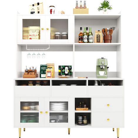 Armoire à manger minimaliste 145x39x171cm portes verre chambray étagère à vin,rangement multicouches blanc accents dorés.