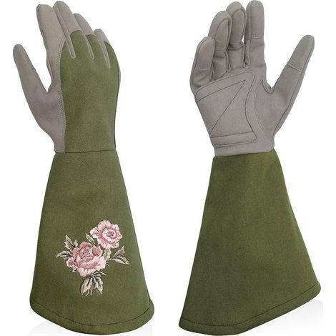Gants de jardin pour femme, gants d'arbustes en cuir synthétique avec protection complète contre les épines, longs gants de travail avec résistance aux perforations-L (1/5)