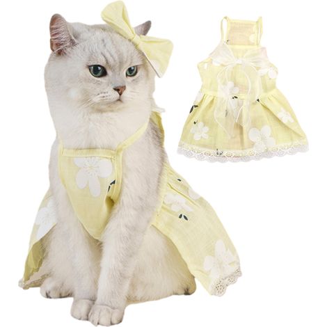 1 robe pour chien et chat, motif fleuri, nœud papillon, coton respirant, jaune, taille S/M/L, printemps-été (1/5)
