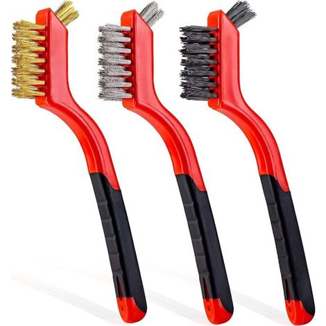 Ensemble de 3 brosses métalliques – Poils en nylon/laiton/acier inoxydable avec poignée incurvée pour un nettoyage en profondeur de la rouille, de la saleté et de la peinture – 18 cm (rouge) (1/4)