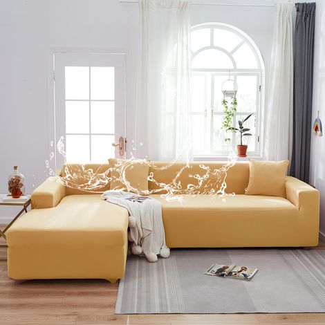 Housse per divano impermeabile e antistatica in tessuto elastico con finitura silk milk – Copertina unicolore crema beige per divano 4 posti (230-300 cm), senza rivestimenti per seduta e cuscini