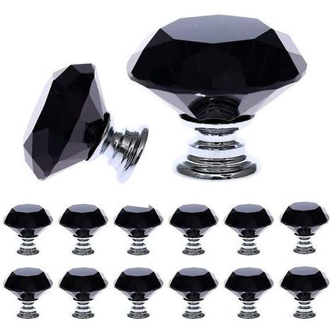 12 Pieces Black Crystal Glass Furniture Handles (30mm), Furniture Knob with Size, Door Knob, Drawer Handle, Doors Handle for Kitchen, Office, Bedroom, Cupboard (1/5)