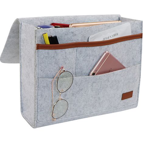 Gris-Organisateur de Caddie, Poche de Lit Caddie de Chevet en Feutre Bedside Pocket Sac de Rangement pour Téléphone, Télécommande, Journal, Stylo, Magazine, Lunnettes