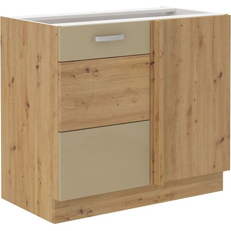 Eckunterschrank 105 Eiche Artisan + Cappuccino Hochglanz Küchenzeile Küchenblock (1/4)