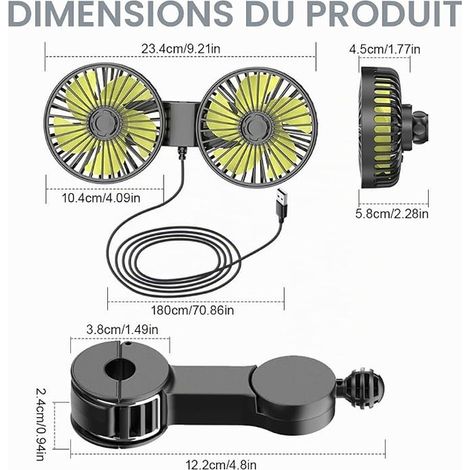 Ventilateur de voiture pour siège arrière, 12 V, double tête, refroidissement, appuie-tête, ventilateur silencieux avec 3 vitesses, ventilateur de voiture portable rotatif à 360 °, ventilateur (1/2)