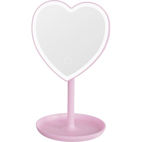 Miroir de maquillage LED en forme de cœur, tactile et avec plateau de rangement, alimenté par piles et USB (non rechargeable), pour coiffeuse, chambre et salle de bain, rose. (1/4)